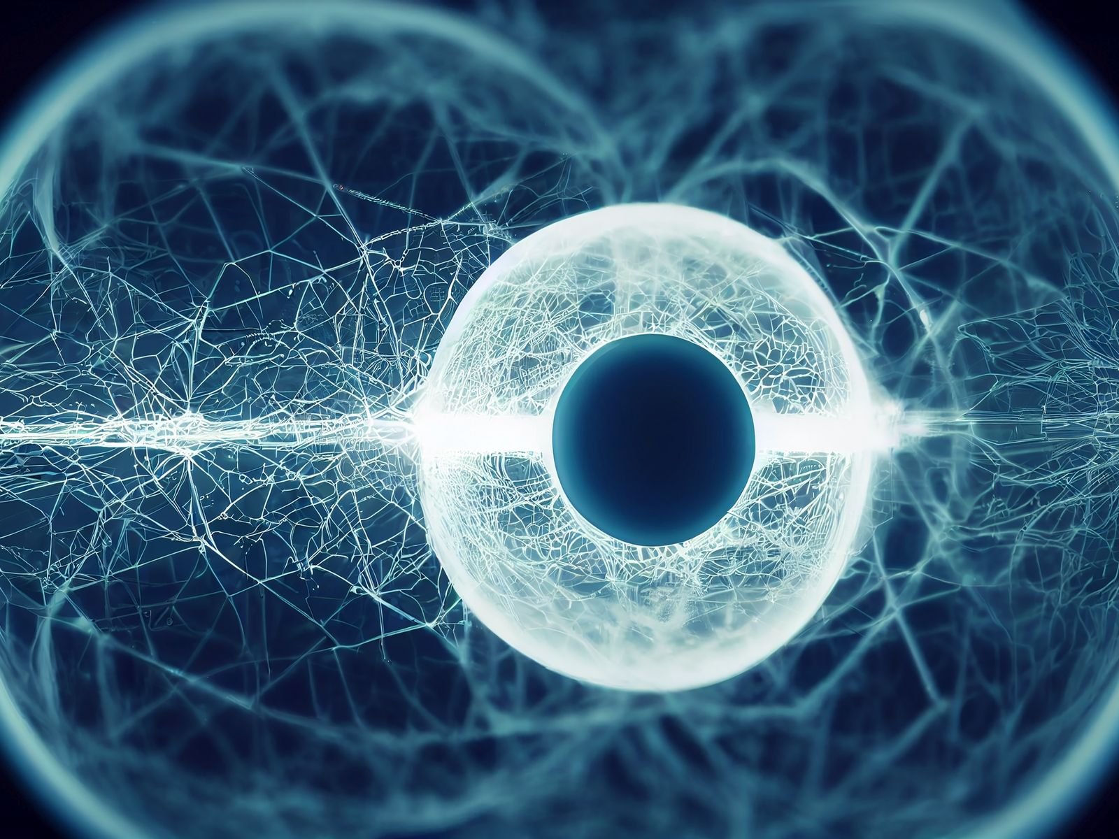 A digitally rendered abstract image showcasing a futuristic eye with complex network patterns.